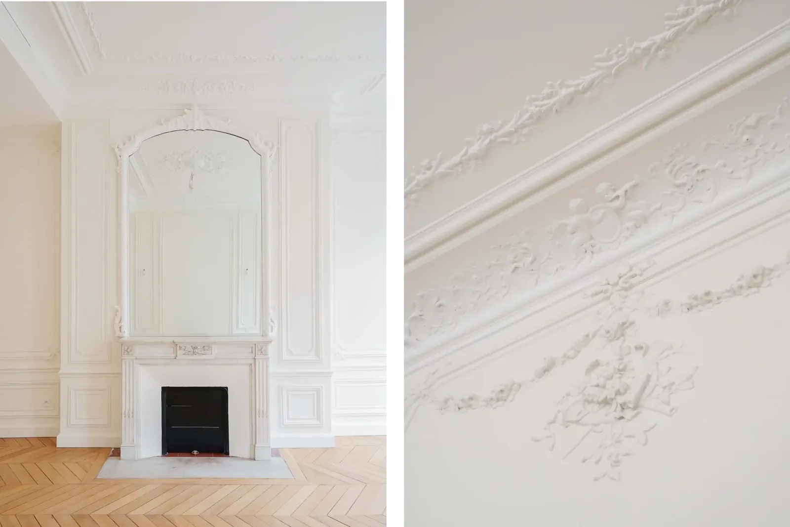 Cheminée et moulures d’un appartement haussmannien rénové